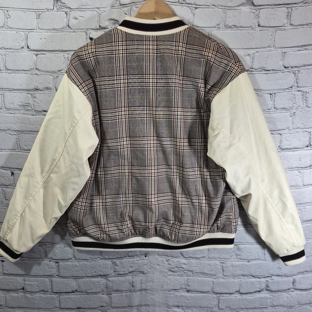 H&M DIVIDED Varsity Jacket Snap Up Brown Beige Plaid‎ Womens XS Preppy Casual